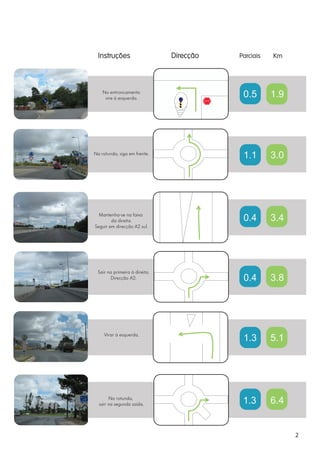 No entroncamento
     vire à esquerda.           STOP
                                       0.5   1.9




Na rotunda, siga em frente.
                                       1.1   3.0




  Mantenha-se na faixa
        da direita.                    0.4   3.4
Seguir em direcção A2 sul.




  Sair na primeira à direita.
        Direcção A2.                   0.4   3.8




     Virar à esquerda.
                                       1.3   5.1




       Na rotunda,
  sair na segunda saída.               1.3   6.4


                                                   2
 