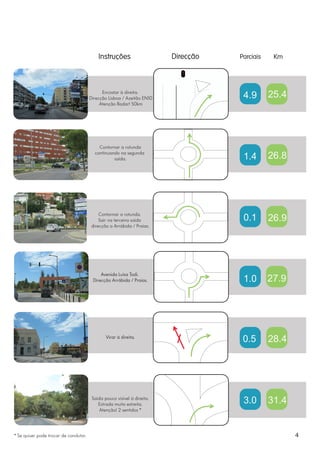 Encostar à direita.
                                       Direcção Lisboa / Azeitão EN10           4.9   25.4
                                            Atenção Radar! 50km




                                           Contornar a rotunda
                                         continuando na segunda
                                                  saída.                        1.4   26.8
                                                                         STOP




                                            Contornar a rotunda.
                                            Sair na terceira saída              0.1   26.9
                                        direcção a Arrábida / Praias.




                                            Avenida Luísa Todi.
                                        Direcção Arrábida / Praias.             1.0   27.9




                                               Virar à direita.
                                                                                0.5   28.4




                                        Saída pouco visível à direita.
                                           Estrada muito estreita.              3.0   31.4
                                            Atenção! 2 sentidos *




* Se quiser pode trocar de condutor.                                                         4
 