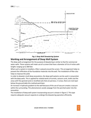 228 | P a g e
SAQIB IMRAN 0341-7549889
22
8
Fig.1: Deep Well Dewatering System
Working and Arrangement of Deep Well System
The deep wells arrangement for the purpose of dewatering is similar to that for commercial
water wells. These systems will make use of a screen that have a diameter of 6 to 4 inches with
lengths ranging up to 300 feet.
When such a system is installed, a filter is placed around the screen. This arrangement helps to
prevent the infiltration of the foundation materials into the well. The installation of filter also
helps to improve the yield.
In order to dewater small deep excavations, the deep well systems can be used in conjunction
with the deep wells. This is applied for related works of tunnels, caissons sunk, shafts and the
areas with fine grained sand or stratified soils that are pervious. In areas, there are rock layer
below the ground table this method work best.
An increase in hydraulic gradient to the well because of the use of vacuum creates a vacuum
within the surrounding. This phenomenon avoids seepage from the perched water into the
excavation.
The installation of deep well system incorporating vacuum is shown in figure-2. This type
requires adequate vacuum capacity to undergo the dewatering operation efficiently.
 