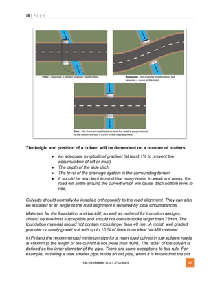 36 | P a g e
SAQIB IMRAN 0341-7549889 36
The height and position of a culvert will be dependent on a number of matters:
 An adequate longitudinal gradient (at least 1% to prevent the
accumulation of silt or mud)
 The depth of the side ditch
 The level of the drainage system in the surrounding terrain
 It should be also kept in mind that many times, in weak soil areas, the
road will settle around the culvert which will cause ditch bottom level to
rise.
Culverts should normally be installed orthogonally to the road alignment. They can also
be installed at an angle to the road alignment if required by local circumstances.
Materials for the foundation and backfill, as well as material for transition wedges,
should be non-frost susceptible and should not contain rocks larger than 75mm. The
foundation material should not contain rocks larger than 40 mm. A moist, well graded
granular or sandy gravel soil with up to 10 % of fines is an ideal backfill material.
In Finland the recommended minimum size for a main road culvert in low volume roads
is 400mm (if the length of the culvert is not more than 10m). The “size” of the culvert is
defined as the inner diameter of the pipe. There are some exceptions to this rule. For
example, installing a new smaller pipe inside an old pipe, when it is known that the old
 