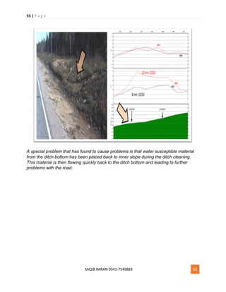 55 | P a g e
SAQIB IMRAN 0341-7549889 55
A special problem that has found to cause problems is that water susceptible material
from the ditch bottom has been placed back to inner slope during the ditch cleaning.
This material is then flowing quickly back to the ditch bottom and leading to further
problems with the road.
 
