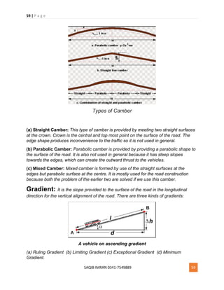 59 | P a g e
SAQIB IMRAN 0341-7549889 59
Types of Camber
(a) Straight Camber: This type of camber is provided by meeting two straight surfaces
at the crown. Crown is the central and top most point on the surface of the road. The
edge shape produces inconvenience to the traffic so it is not used in general.
(b) Parabolic Camber: Parabolic camber is provided by providing a parabolic shape to
the surface of the road. It is also not used in general because it has steep slopes
towards the edges, which can create the outward thrust to the vehicles.
(c) Mixed Camber: Mixed camber is formed by use of the straight surfaces at the
edges but parabolic surface at the centre. It is mostly used for the road construction
because both the problem of the earlier two are solved if we use this camber.
Gradient: It is the slope provided to the surface of the road in the longitudinal
direction for the vertical alignment of the road. There are three kinds of gradients:
A vehicle on ascending gradient
(a) Ruling Gradient (b) Limiting Gradient (c) Exceptional Gradient (d) Minimum
Gradient.
 