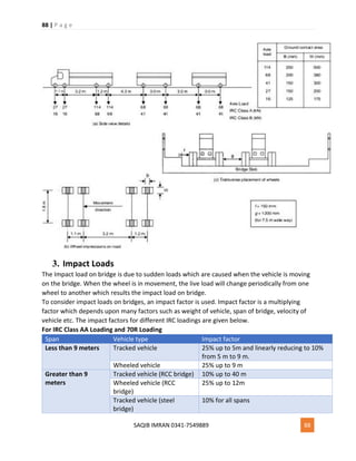 88 | P a g e
SAQIB IMRAN 0341-7549889 88
3. Impact Loads
The Impact load on bridge is due to sudden loads which are caused when the vehicle is moving
on the bridge. When the wheel is in movement, the live load will change periodically from one
wheel to another which results the impact load on bridge.
To consider impact loads on bridges, an impact factor is used. Impact factor is a multiplying
factor which depends upon many factors such as weight of vehicle, span of bridge, velocity of
vehicle etc. The impact factors for different IRC loadings are given below.
For IRC Class AA Loading and 70R Loading
Span Vehicle type Impact factor
Less than 9 meters Tracked vehicle 25% up to 5m and linearly reducing to 10%
from 5 m to 9 m.
Wheeled vehicle 25% up to 9 m
Greater than 9
meters
Tracked vehicle (RCC bridge) 10% up to 40 m
Wheeled vehicle (RCC
bridge)
25% up to 12m
Tracked vehicle (steel
bridge)
10% for all spans
 