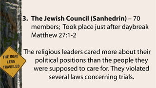 Six Stages of Jesus’ Trial:The trial was less than 18 hours longSix – symbol/number of man/mankindAnnas – High Priest from AD 6-12John 18:12-24Caiaphas – High Priest – at this timeSon-in-law to AnnasMatthew 26:57-68These first two trials were at night, in secrecy