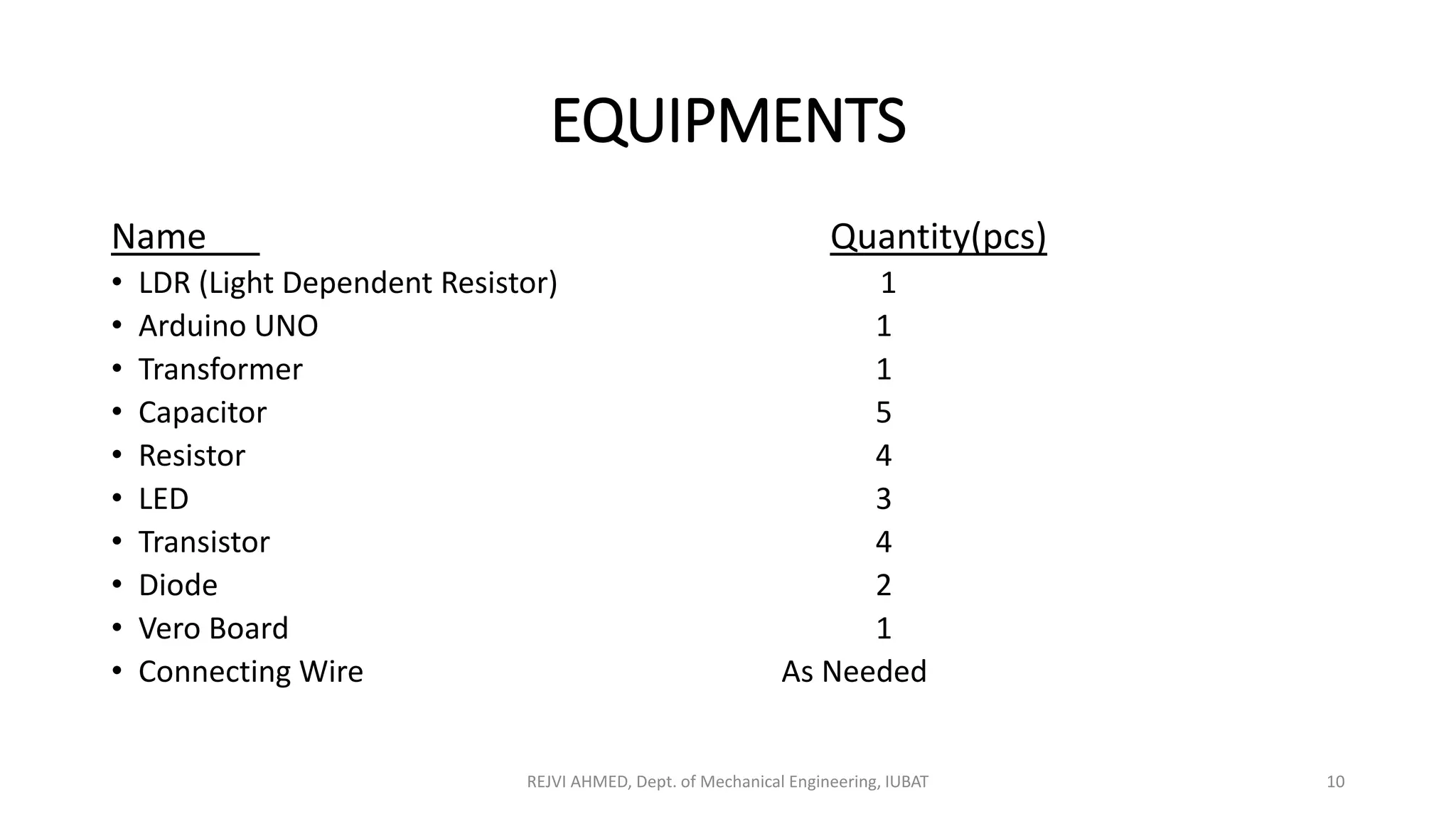 EQUIPMENTS
Name Quantity(pcs)
• LDR (Light Dependent Resistor) 1
• Arduino UNO 1
• Transformer 1
• Capacitor 5
• Resistor 4
• LED 3
• Transistor 4
• Diode 2
• Vero Board 1
• Connecting Wire As Needed
REJVI AHMED, Dept. of Mechanical Engineering, IUBAT 10
 