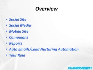 OverviewSocial SiteSocial MediaMobile SiteCampaignsReportsAuto Emails/Lead Nurturing AutomationYour Role