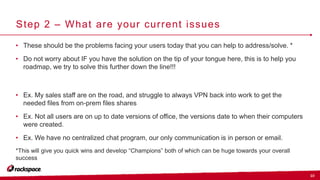 10
Step 2 – What are your current issues
• These should be the problems facing your users today that you can help to address/solve. *
• Do not worry about IF you have the solution on the tip of your tongue here, this is to help you
roadmap, we try to solve this further down the line!!!
• Ex. My sales staff are on the road, and struggle to always VPN back into work to get the
needed files from on-prem files shares
• Ex. Not all users are on up to date versions of office, the versions date to when their computers
were created.
• Ex. We have no centralized chat program, our only communication is in person or email.
*This will give you quick wins and develop “Champions” both of which can be huge towards your overall
success
 