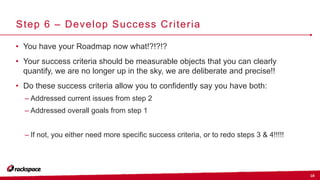 18
Step 6 – Develop Success Criteria
• You have your Roadmap now what!?!?!?
• Your success criteria should be measurable objects that you can clearly
quantify, we are no longer up in the sky, we are deliberate and precise!!
• Do these success criteria allow you to confidently say you have both:
– Addressed current issues from step 2
– Addressed overall goals from step 1
– If not, you either need more specific success criteria, or to redo steps 3 & 4!!!!!
 
