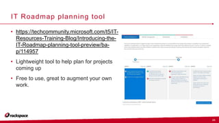24
IT Roadmap planning tool
• https://techcommunity.microsoft.com/t5/IT-
Resources-Training-Blog/Introducing-the-
IT-Roadmap-planning-tool-preview/ba-
p/114957
• Lightweight tool to help plan for projects
coming up
• Free to use, great to augment your own
work.
 