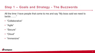 7
Step 1 – Goals and Strategy - The Buzzwords
All the time I have people that come to me and say “My boss said we need to
be/do ……”
• “Collaborative”
• “Agile”
• “Secure”
• “Cloud”
• “Immersive”
 