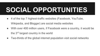 SOCIAL OPPORTUNITIES
● 4 of the top 7 highest-traffic websites (Facebook, YouTube,
Wikipedia, and Blogger) are social media websites
● With over 400 million users, if Facebook were a country, it would be
the 3rd largest country in the world
● Two-thirds of the global internet population visit social networks
