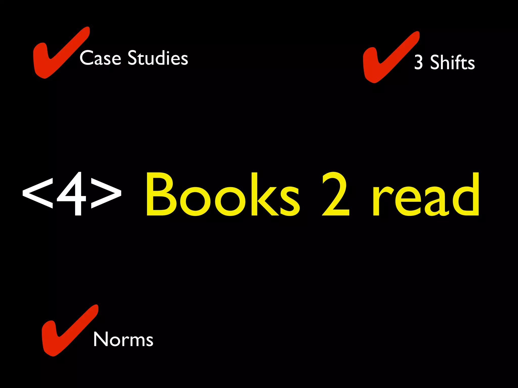 <4> Books 2 read
Case Studies 3 Shifts✔ ✔
Norms✔
 