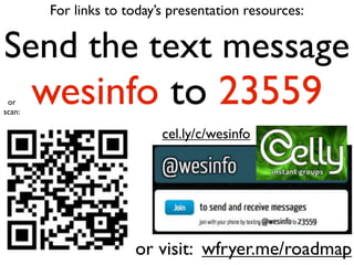 For links to today’s presentation resources:
Send the text message
wesinfo to 23559
or visit: wfryer.me/roadmap
cel.ly/c/wesinfo
or
scan:
 