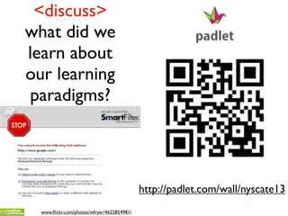 <discuss>
what did we
learn about
our learning
paradigms?
www.ﬂickr.com/photos/wfryer/4622854981/
http://padlet.com/wall/nyscate13
 