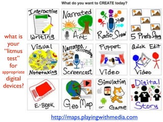 http://maps.playingwithmedia.com
what is
your
“litmus
test”
for
appropriate
digital
devices?
 