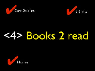 <4> Books 2 read
Case Studies 3 Shifts✔ ✔
Norms✔
 