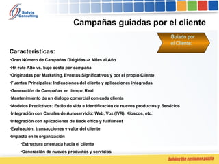 Campañas guiadas por el cliente Guiado por  el Cliente: Características: Gran Número de Campañas Dirigidas -> Miles al Año Hit-rate Alto vs. bajo costo por campaña Originadas por Marketing, Eventos Significativos y por el propio Cliente Fuentes Principales: Indicaciones del cliente y aplicaciones integradas Generación de Campañas en tiempo Real Mantenimiento de un dialogo comercial con cada cliente Modelos Predictivos: Estilo de vida e Identificación de nuevos productos y Servicios Integración con Canales de Autoservicio: Web, Voz (IVR), Kioscos, etc. Integración con aplicaciones de Back office y fullfilment  Evaluación: transacciones y valor del cliente Impacto en la organización Estructura orientada hacia el cliente Generación de nuevos productos y servicios 