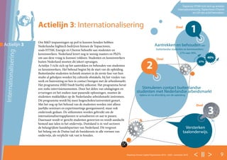 < II > 9Roadmap Human Capital Topsectoren 2016 – 2020 - november 2016
Om R&D inspanningen op peil te kunnen houden hebben
Nederlandse hightech bedrijven binnen de Topsectoren,
zoals HTSM, Energie en Chemie behoefte aan studenten en
kenniswerkers. Nederland levert nog te weinig masters en PhD’s
om aan deze vraag te kunnen voldoen. Studenten en kenniswerkers
buiten Nederland moeten dit tekort opvangen.
Actielijn 3 richt zich op het aantrekken en behouden van studenten
en kenniswerkers. Het behoud begint bij de start van de opleiding.
Buitenlandse studenten techniek moeten in de eerste fase van hun
studie al geholpen worden bij culturele obstakels, bij het vinden van
werk en huisvesting en hen in contact brengen met de arbeidsmarkt.
Het programma iHRD biedt hierbij uitkomst. Het programma bevat
een reeks intervisiemomenten. Door het delen van uitdagingen en
ervaringen en het zoeken naar passende oplossingen, moeten de
studenten makkelijker op de Nederlandse arbeidsmarkt instromen.
Dit programma wordt bij meer hogescholen/universiteit gestart.
Met het oog op het behoud van de studenten worden niet alleen
jaarlijks seminars en expertmeetings georganiseerd, maar ook
onderzoek gedaan. De uitkomsten worden gebruikt om de
internationaliseringsplannen te actualiseren en aan te passen.
Daarnaast wordt er gericht studenten geworven en wordt aandacht
besteed aan talen in het onderwijs. Duitsland is in veel sectoren
de belangrijkste handelspartner van Nederland. Dit vergroot
het belang om de Duitse taal als basiskennis in alle vormen van
onderwijs, als verplicht vak vast te houden.
Internationalisering
Actielijn 3
Actielijn 3: Internationalisering
Topsector HTSM richt zich op actielijn
Internationalisering. Topsectoren Chemie
en LSH zijn actief betrokken.
3
Stimuleren contact buitenlandse
studenten met Nederlandse arbeidsmarkt
tijdens en na afronding van de opleiding.
Aantrekken en behoudenvan
buitenlandse studenten en kenniswerkers:
27% naar 40%.
2
Versterken
taalonderwijs.
27%
40%
1Doel
Doel
Doel
 