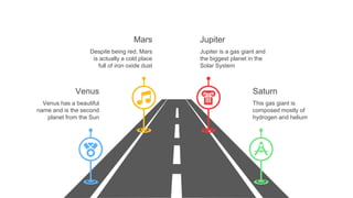 Jupiter
Jupiter is a gas giant and
the biggest planet in the
Solar System
Venus
Venus has a beautiful
name and is the second
planet from the Sun
Saturn
This gas giant is
composed mostly of
hydrogen and helium
Mars
Despite being red, Mars
is actually a cold place
full of iron oxide dust
 