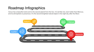 Roadmap Infographics
Venus
Neptune
Saturn
Jupiter
Venus has a beautiful name and is the second planet from the Sun. It’s terribly hot, even hotter than Mercury,
and its atmosphere is poisonous. It’s the second-brightest natural object in the night sky after the Moon
 