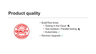 Product quality
• Build/Test times
• Testing in the Cloud
• Test isolation / Parallel testing
• Kubernetes ✓
• Ranorex Upgrade ✓
 