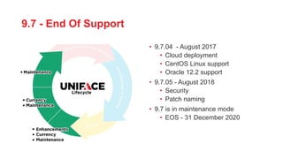 9.7 - End Of Support
• 9.7.04 - August 2017
• Cloud deployment
• CentOS Linux support
• Oracle 12.2 support
• 9.7.05 - August 2018
• Security
• Patch naming
• 9.7 is in maintenance mode
• EOS - 31 December 2020
 
