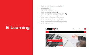 E-Learning
• Create and brand E-Learning infrastructure ✓
• Concept Modules ✓
• Help tutorials modules ✓
• Create core learning modules
• Enable self-registration by prospective students
• Create web development learning modules
• Create desktop development learning modules
• Create mobile development learning modules
• Create environment management learning modules
• Create certification paths
 