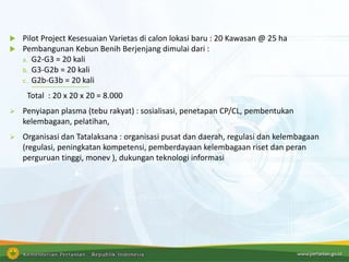  Pilot Project Kesesuaian Varietas di calon lokasi baru : 20 Kawasan @ 25 ha
 Pembangunan Kebun Benih Berjenjang dimulai dari :
a. G2-G3 = 20 kali
b. G3-G2b = 20 kali
c. G2b-G3b = 20 kali
Total : 20 x 20 x 20 = 8.000
 Penyiapan plasma (tebu rakyat) : sosialisasi, penetapan CP/CL, pembentukan
kelembagaan, pelatihan,
 Organisasi dan Tatalaksana : organisasi pusat dan daerah, regulasi dan kelembagaan
(regulasi, peningkatan kompetensi, pemberdayaan kelembagaan riset dan peran
perguruan tinggi, monev ), dukungan teknologi informasi
 