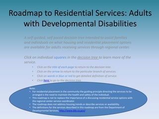 Roadmap to Residential Services: Adults
with Developmental Disabilities
A self-guided, self paced decision tree intended to assist families
and individuals on what housing and residential placement options
are available for adults receiving services through regional center.
Click on individual squares in the decision tree to learn more of the
service.
• Click on the title of each page to return to the decision tree.
• Click on the arrow to return to the particular branch of services.
• Click on words in blue or red to get detailed definition of service.
• Click here to go to the decision tree.
Note:
• For residential placement in the community the guiding principle directing the services to be
arranged is the need to maintain the health and safety of the individual.
• This roadmap is not to replace the importance of a discussing residential service options with
the regional center service coordinator.
• The roadmap does not address housing trends or describe services or availability.
• The definitions for the services described in this roadmap are from the Department of
Developmental Services, http://www.dds.ca.gov/
 