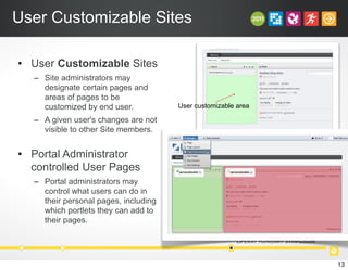 User Customizable Sites
• User Customizable Sites
– Site administrators may
designate certain pages and
areas of pages to be
customized by end user.
– A given user's changes are not
visible to other Site members.
• Portal Administrator
controlled User Pages
– Portal administrators may
control what users can do in
their personal pages, including
which portlets they can add to
their pages.
User customizable area
13
 