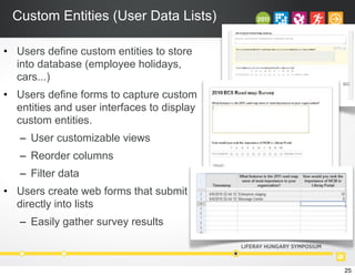 Custom Entities (User Data Lists)
• Users define custom entities to store
into database (employee holidays,
cars...)
• Users define forms to capture custom
entities and user interfaces to display
custom entities.
– User customizable views
– Reorder columns
– Filter data
• Users create web forms that submit
directly into lists
– Easily gather survey results
25
 