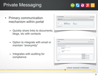 Private Messaging
• Primary communication
mechanism within portal
– Quickly share links to documents,
blogs, etc with contacts
– Option to integrate with email or
maintain “anonymity”
– Integrates with auditing for
compliance
31
 