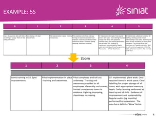 EXAMPLE: 5S
4
0 1 2 3 4 5
Area is disorganised, dirty with little or
no marking or signage. Poorly lit. Poor
safety performance.
Some training in 5S. Spot
improvements.
Pilot implementation in place - training
and awareness.
Pilot completed and roll out underway.
Training and awareness provided to all
employees. Generally uncluttered, limited
unnecessary items in evidence. Lighting
improving, cleanliness increasing.
5S' implemented plant wide. Only required
items in work space. Clear labelling for proper
storage of all items, with appropriate
inventory levels. Daily cleaning performed at
least by end of shift. Evidence of
improvement and sustainability. Regular
audits (eg monthly) performed by supervision.
The area has a definite 'Wow' factor.
5S implemented, audited and sustained. All
labelling / markings provide instant
understanding of area status. Machinery very
clean, all areas uncluttered, no excess items
in evidence. "You can eat off the floor"
cleanliness and "hospital orderliness". Well
lit, well maintained equipment and facility.
Safety performance excellent. The area looks
'world class'.
1 2 3 4
Some training in 5S. Spot
improvements.
Pilot implementation in place
- training and awareness.
Pilot completed and roll out
underway. Training and
awareness provided to all
employees. Generally uncluttered,
limited unnecessary items in
evidence. Lighting improving,
cleanliness increasing.
5S' implemented plant wide. Only
required items in work space. Clear
labelling for proper storage of all
items, with appropriate inventory
levels. Daily cleaning performed at
least by end of shift. Evidence of
improvement and sustainability.
Regular audits (eg monthly)
performed by supervision. The
area has a definite 'Wow' factor.
Zoom
 