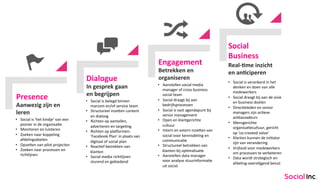 Presence 
Dialogue 
Engagement 
Social 
Business 
Aanwezig 
zijn 
en 
leren 
In 
gesprek 
gaan 
en 
begrijpen 
Betrekken 
en 
organiseren 
Real-­‐>me 
inzicht 
en 
an>ciperen 
• Social 
is 
‘het 
kindje’ 
van 
een 
pionier 
in 
de 
organisa6e 
• Monitoren 
en 
luisteren 
• Zoeken 
naar 
koppeling 
afdelingsdoelen 
• Opze=en 
van 
pilot 
projecten 
• Zoeken 
naar 
processen 
en 
richtlijnen 
• Social 
is 
belegd 
binnen 
marcom 
en/of 
service 
team 
• Structureel 
inze=en 
content 
en 
dialoog 
• Richten 
op 
aantallen, 
adverteren 
en 
targe6ng 
• Richten 
op 
plaCormen: 
‘Facebook 
Plan’ 
in 
plaats 
van 
digitaal 
of 
social 
plan 
• Reac6ef 
betrekken 
van 
klanten 
• Social 
media 
richtlijnen 
sturend 
en 
gebiedend 
• Aanstellen 
social 
media 
manager 
of 
cross 
business 
social 
team 
• Social 
draagt 
bij 
aan 
bedrijfsprocessen 
• Social 
is 
vast 
agendapunt 
bij 
senior 
management 
• Open 
en 
klantgerichte 
cultuur 
• Intern 
en 
extern 
inze=en 
van 
social 
voor 
kennisdeling 
en 
communica6e 
• Structureel 
betrekken 
van 
klanten 
bij 
op6malisa6e 
• Aanstellen 
data 
manager 
voor 
analyse 
stuurinforma6e 
uit 
social 
• Social 
is 
verankerd 
in 
het 
denken 
en 
doen 
van 
alle 
medewerkers 
• Social 
draagt 
bij 
aan 
de 
visie 
en 
business 
doelen 
• Direc6eleden 
en 
senior 
managers 
zijn 
ac6eve 
ambassadeurs 
• Mensgerichte 
organisa6ecultuur, 
gericht 
op 
‘co-­‐created 
value’ 
• Klanten 
kunnen 
de 
ini6ator 
zijn 
van 
verandering 
• Vrijheid 
voor 
medewerkers 
om 
processen 
te 
verbeteren 
• Data 
wordt 
strategisch 
en 
afdeling-­‐overs6jgend 
benut 
