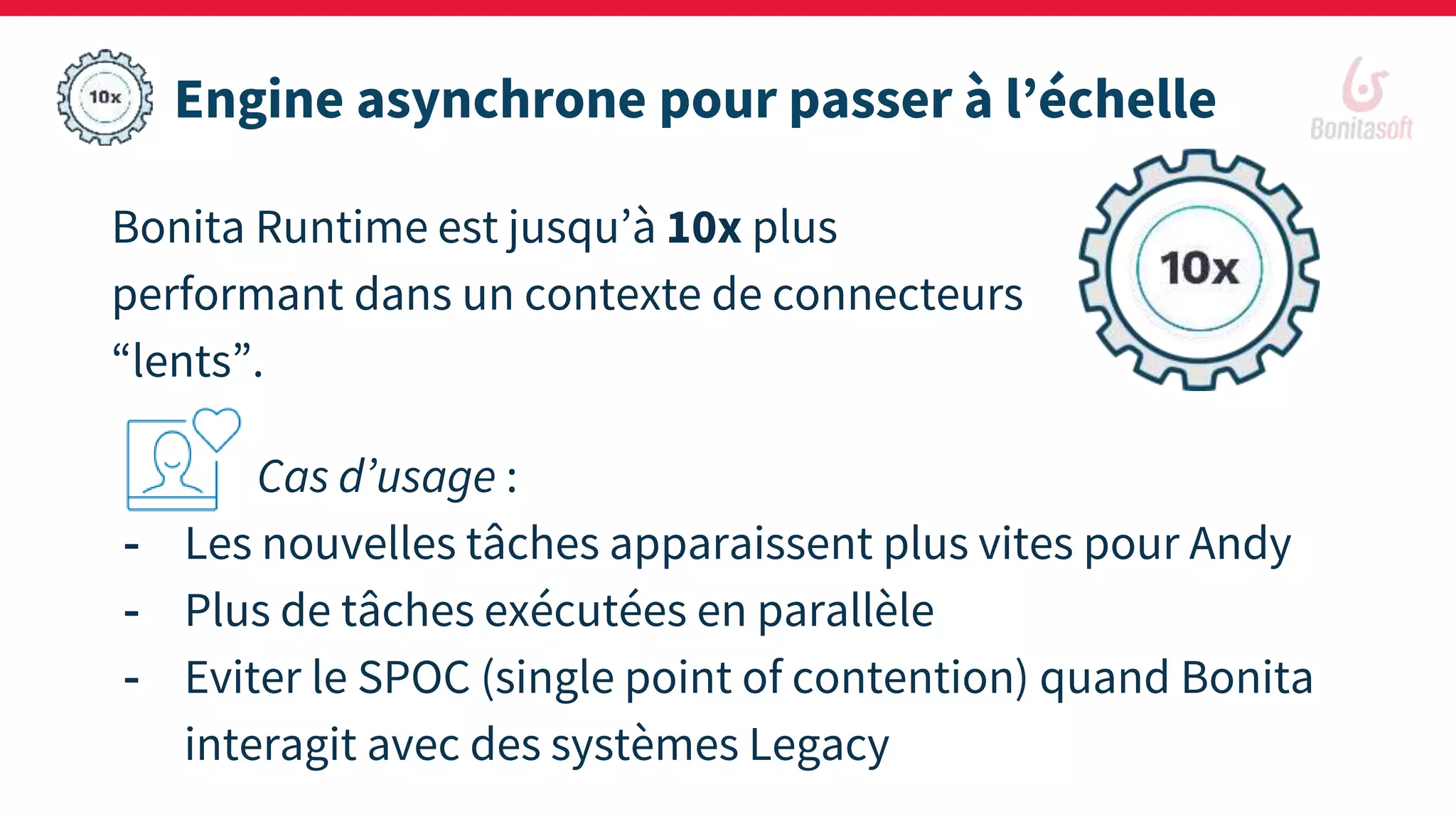 Engine asynchrone pour passer à l’échelle
Bonita Runtime est jusqu’à 10x plus
performant dans un contexte de connecteurs
“lents”.
Cas d’usage :
- Les nouvelles tâches apparaissent plus vites pour Andy
- Plus de tâches exécutées en parallèle
- Eviter le SPOC (single point of contention) quand Bonita
interagit avec des systèmes Legacy