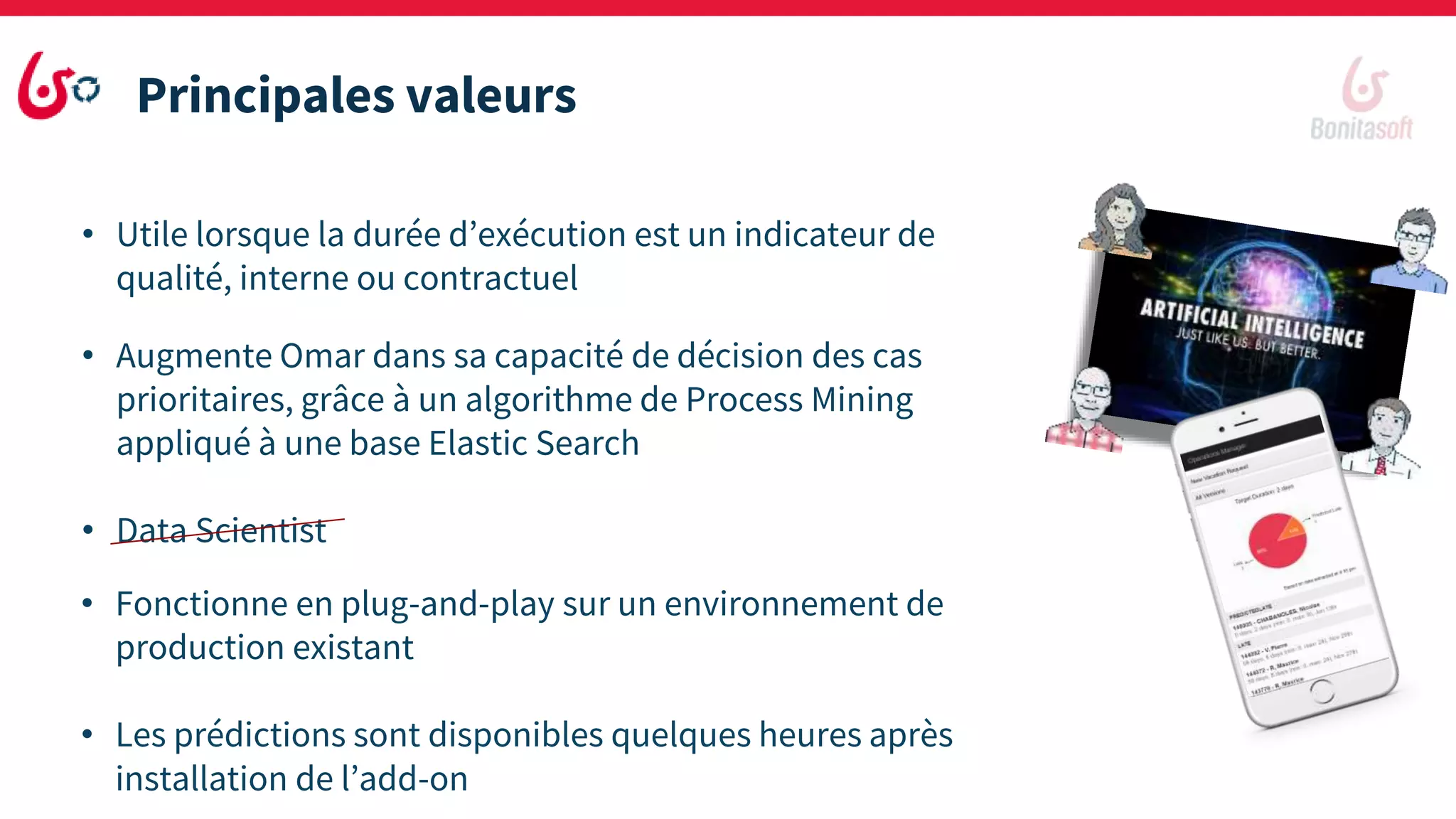 • Utile lorsque la durée d’exécution est un indicateur de
qualité, interne ou contractuel
• Augmente Omar dans sa capacité de décision des cas
prioritaires, grâce à un algorithme de Process Mining
appliqué à une base Elastic Search
• Data Scientist
Principales valeurs
• Fonctionne en plug-and-play sur un environnement de
production existant
• Les prédictions sont disponibles quelques heures après
installation de l’add-on