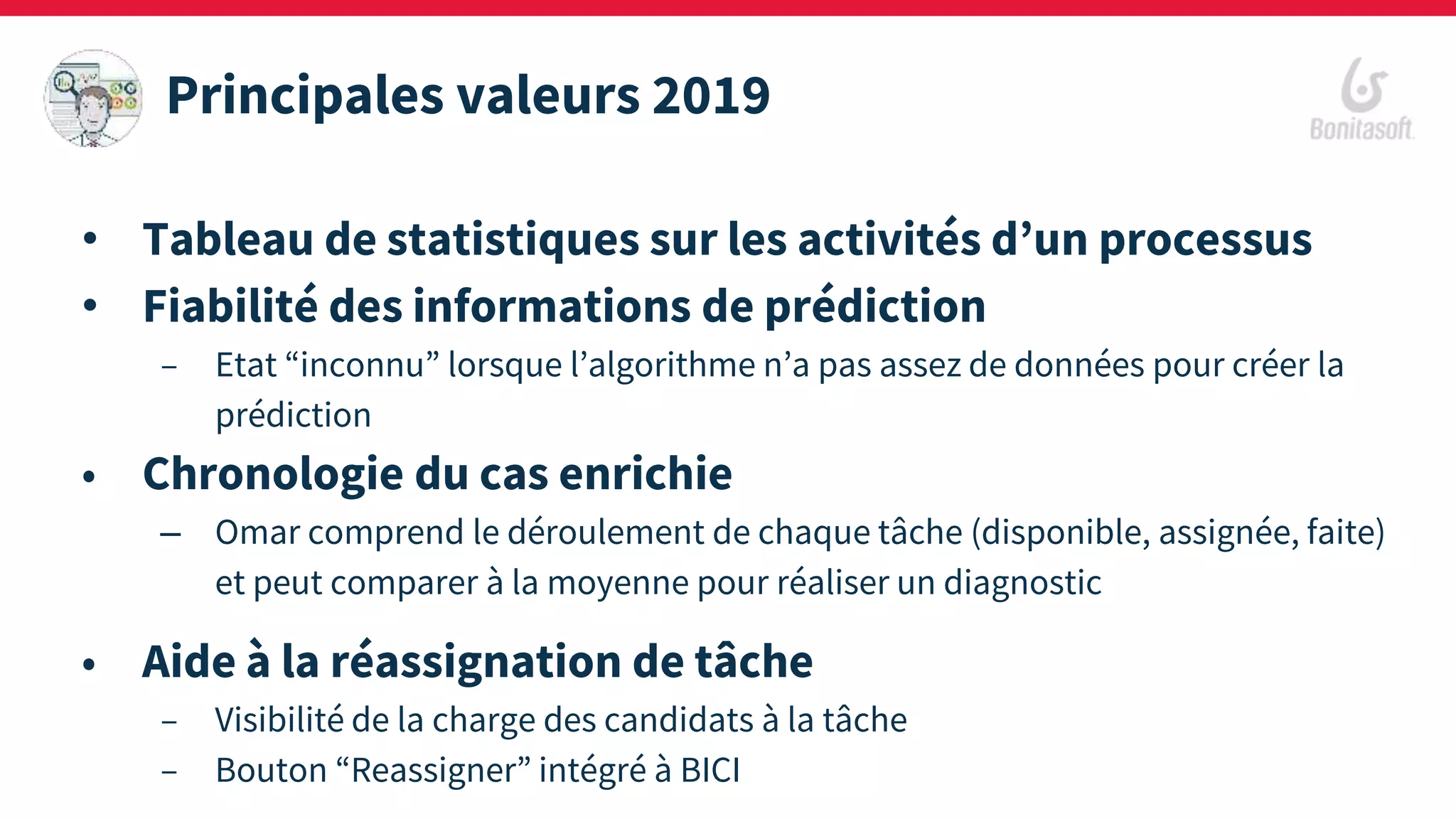 Principales valeurs 2019
• Tableau de statistiques sur les activités d’un processus
• Fiabilité des informations de prédiction
– Etat “inconnu” lorsque l’algorithme n’a pas assez de données pour créer la
prédiction
• Chronologie du cas enrichie
– Omar comprend le déroulement de chaque tâche (disponible, assignée, faite)
et peut comparer à la moyenne pour réaliser un diagnostic
• Aide à la réassignation de tâche
– Visibilité de la charge des candidats à la tâche
– Bouton “Reassigner” intégré à BICI