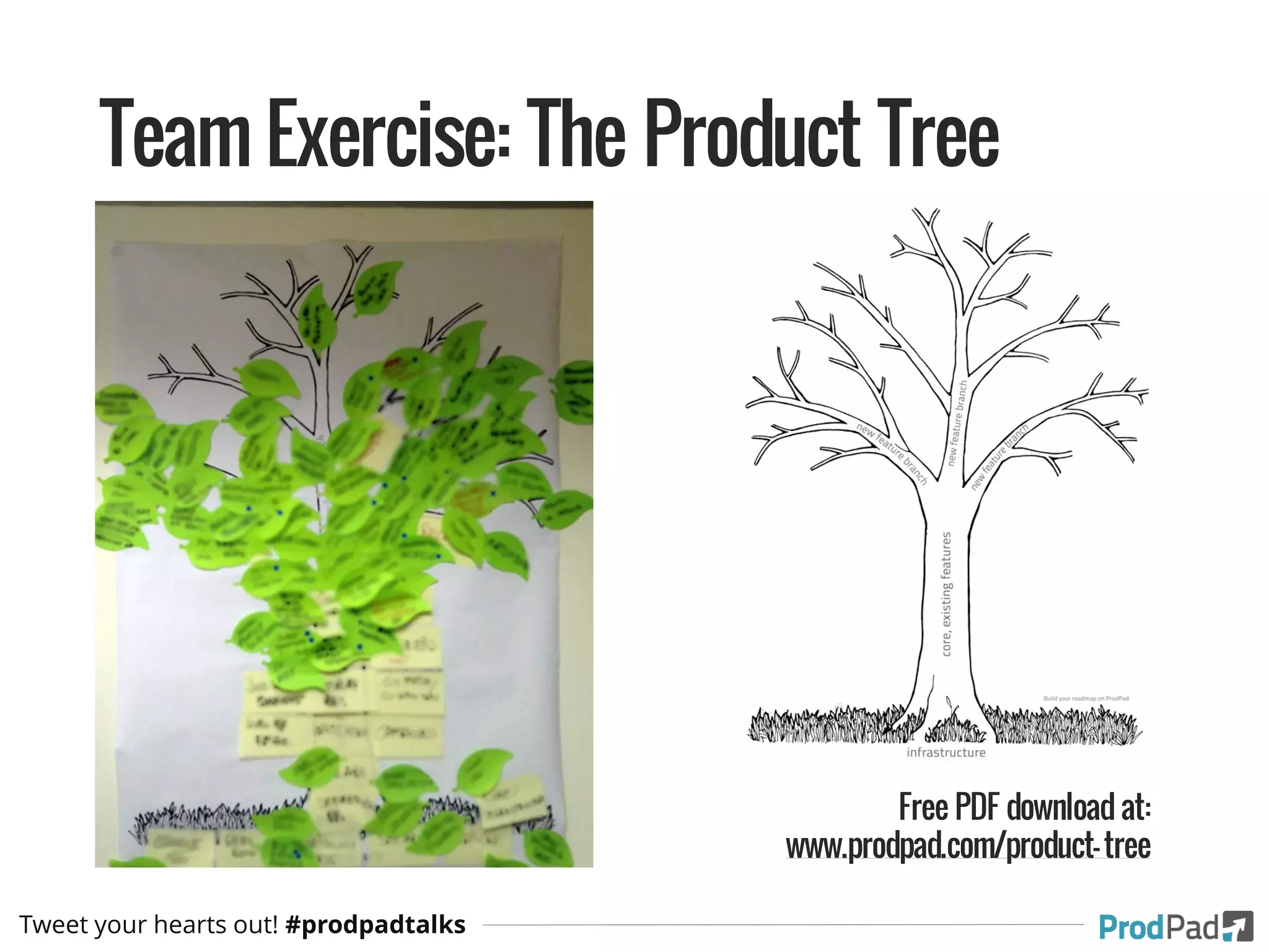 Team Exercise: The Product Tree
Free PDF download at:
www.prodpad.com/product-tree
Tweet your hearts out! #prodpadtalks
 