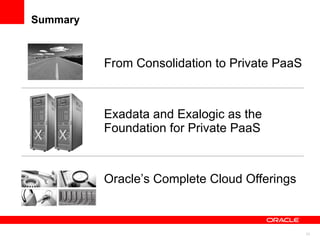 Summary From Consolidation to Private PaaS Exadata and Exalogic as the Foundation for Private PaaS Oracle’ s Complete Cloud Offerings 