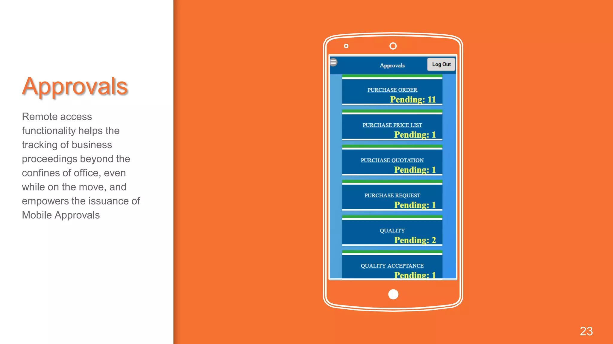 Place your screenshot here9
23
Approvals
Remote access
functionality helps the
tracking of business
proceedings beyond the
confines of office, even
while on the move, and
empowers the issuance of
Mobile Approvals
 