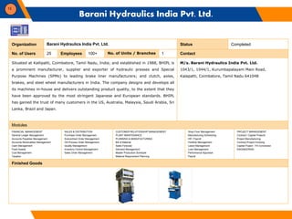 13
Organization Barani Hydraulics India Pvt. Ltd. Status Completed
No. of Users 25 Employees 100+ No. of Units / Branches ...