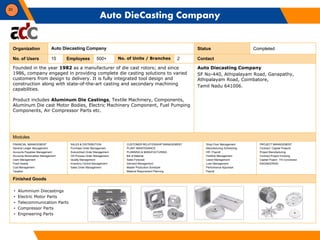 20
Organization Auto Diecasting Company Status Completed
No. of Users 15 Employees 500+ No. of Units / Branches 2 Contact
...