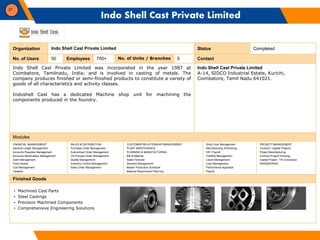 27
Organization Indo Shell Cast Private Limited Status Completed
No. of Users 50 Employees 750+ No. of Units / Branches 5 ...