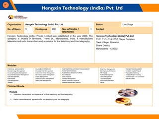 74
Organization Hengxin Technology (India) Pvt. Ltd Status Live Stage
No. of Users 5 Employees 200 No. of Units /
Branches...