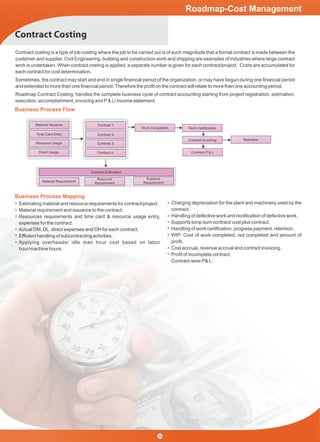 Contract Costing
Contract costing is a type of job costing where the job to be carried out is of such magnitude that a formal contract is made between the
customer and supplier. Civil Engineering, building and construction work and shipping are examples of industries where large contract
work is undertaken. When contract costing is applied, a separate number is given for each contract/project. Costs are accumulated for
each contract for cost determination.
Sometimes, the contract may start and end in single ﬁnancial period of the organization, or may have begun during one ﬁnancial period
and extended to more than one ﬁnancial period.Therefore the proﬁt on the contract will relate to more than one accounting period.
Roadmap Contract Costing, handles the complete business cycle of contract accounting starting from project registration, estimation,
execution, accomplishment, invoicing and P& L/ Income statement.
Material Issuance Contract 1
Contract Estimation
Time Card Entry Contract 2
Material Requirement
Work Completion Work Certiﬁcation
Contract Invoicing
Contract P & L
Retention
Resource Usage Contract 3
Resource
Requirement
Direct Usage Contract n
Expense
Requirement
Business Process Mapping
Estimating material and resource requirements for contract/project.
Material requirement and issuance to the contract.
Resources requirements and time card & resource usage entry,
expenses for the contract.
Actual DM, DL, direct expenses and OH for each contract.
Efﬁcient handling of subcontracting activities.
Applying overheads/ idle man hour cost based on labor
hour/machine hours.
Charging depreciation for the plant and machinery used by the
contract.
Handling of defective work and rectiﬁcation of defective work.
Supports lump sum contract/ cost plus contract.
Handling of work certiﬁcation, progress payment, retention.
WIP: Cost of work completed, not completed and amount of
proﬁt.
Cost accrual, revenue accrual and contract invoicing.
Proﬁt of incomplete contract.
Contract-wise P& L.
Roadmap-Cost Management
Business Process Flow
39
 