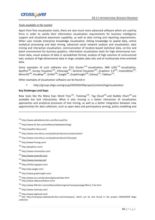   	
  	
  	
  	
  	
  	
  	
  	
  	
  	
  	
  	
  	
  	
  	
  	
  	
  	
  	
  	
  	
  	
  	
  	
  	
  	
  	
  	
  	
  	
  	
  	
  	
  	
  	
  	
  	
  	
  	
  	
  	
  	
  	
  	
  	
  	
  	
  	
  	
  	
  	
  	
  	
  	
  	
  	
  	
  	
  	
  	
  	
  	
  	
  	
  	
  D2.2.1	
  INTERNATIONAL	
  RESEARCH	
  ROADMAP	
  
94	
  |	
  P a g e 	
  
Tools	
  available	
  in	
  the	
  market	
  
Apart	
  from	
  free	
  visualisation	
  tools,	
  there	
  are	
  also	
  much	
  more	
  advanced	
  software	
  which	
  are	
  used	
  by	
  
firms	
   in	
   order	
   to	
   satisfy	
   their	
   information	
   visualisation	
   requirements	
   for	
   business	
   intelligence	
  
support	
   and	
   situational	
   awareness	
   capability,	
   as	
   well	
   as	
  data	
  mining	
  and	
  reporting	
  requirements.	
  
Other	
   uses	
   include	
   enterprise	
   knowledge	
   visualisation,	
   linking	
   knowledge	
   to	
   spatial	
   data,	
   online	
  
analytical	
   processing	
   and	
   data	
   mining,	
   advanced	
   social	
   network	
   analysis	
   and	
   visualisation,	
   data	
  
mining	
  and	
  interactive	
  visualisation,	
  communication	
  of	
  location-­‐based	
  statistical	
  data,	
  on-­‐line	
  and	
  
batch	
  environment	
  for	
  business	
  graphics,	
  information	
  visualisation	
  tools	
  for	
  high	
  dimensional	
  non-­‐
linear	
  data,	
  visual	
  analysis	
  of	
  data	
  in	
  spreadsheet	
  format,	
  analysis	
  of	
  high	
  volumes	
  of	
  unstructured	
  
text,	
  analysis	
  of	
  high-­‐dimensional	
  data	
  in	
  large	
  complex	
  data	
  sets	
  and	
  of	
  multivariate	
  time-­‐oriented	
  
data.	
  
Some	
   examples	
   of	
   such	
   software	
   are:	
   CViz	
   Cluster178
	
  visualisation,	
   IBM	
   ILOG 179
	
  visualisation,	
  
Spotfire180
,	
  Survey	
  Visualizer181
,	
  Infoscope182
,	
  Sentinel	
  Visualizer183
,	
  Grapheur	
  2.0184
,	
  InstantAtlas185
,	
  
Miner3D186
,	
  VisuMap187
,	
  Drillet188
,	
  Eaagle189
,	
  GraphInsight190
,	
  Gsharp191
,	
  Tableau192
.	
  
Other	
  examples	
  of	
  visualisation	
  software	
  can	
  be	
  found	
  in	
  
• http://groups.diigo.com/group/CROSSOVERproject/content/tag/visualisation	
  
Key	
  Challenges	
  and	
  Gaps	
  	
  
New	
   tools	
   like	
   the	
   Many	
   Eyes	
   Word	
   Tree193
,	
   Treemap194
,	
   Tag	
   Cloud195
	
  and	
   Bubble	
   Chart196
	
  are	
  
available	
   but	
   lack	
   interactivity.	
   What	
   is	
   also	
   missing	
   is	
   a	
   better	
   interaction	
   of	
   visualisation	
  
approaches	
   and	
   analytical	
   processes	
   of	
   text	
   mining,	
   as	
   well	
   as	
   a	
   better	
   integration	
   between	
   new	
  
opportunities	
  for	
  data	
  collection,	
  such	
  as	
  open	
  data	
  and	
  participatory	
  sensing,	
  policy	
  modelling	
  and	
  
	
  	
  	
  	
  	
  	
  	
  	
  	
  	
  	
  	
  	
  	
  	
  	
  	
  	
  	
  	
  	
  	
  	
  	
  	
  	
  	
  	
  	
  	
  	
  	
  	
  	
  	
  	
  	
  	
  	
  	
  	
  	
  	
  	
  	
  	
  	
  	
  	
  	
  	
  	
  	
  	
  	
  	
  	
  	
  	
  	
  	
  	
  	
  	
  	
  	
  	
  	
  	
  	
  	
  	
  	
  	
  	
  	
  	
  	
  	
  	
  	
  	
  	
  	
  	
  	
  	
  	
  	
  	
  	
  	
  	
  	
  	
  	
  	
  	
  	
  	
  	
  	
  	
  	
  	
  	
  	
  	
  	
  	
  	
  	
  	
  	
  	
  	
  	
  	
  	
  	
  	
  	
  	
  	
  	
  	
  	
  	
  	
  	
  	
  	
  	
  	
  	
  	
  	
  	
  	
  	
  	
  	
  	
  	
  	
  	
  	
  	
  	
  	
  	
  	
  	
  	
  	
  	
  	
  	
  	
  	
  	
  	
  	
  	
  	
  	
  	
  	
  	
  	
  	
  	
  	
  	
  	
  	
  	
  	
  	
  	
  	
  	
  	
  	
  	
  	
  	
  	
  	
  
	
  
178
	
  http://www.alphaWorks.ibm.com/formula/CViz	
  
179
	
  http://www-­‐01.ibm.com/software/websphere/ilog/	
  
180
	
  http://spotfire.tibco.com/	
  
181
	
  http://www.macrofocus.com/public/products/surveyvisualizer/	
  
182
	
  http://www.macrofocus.com/public/products/infoscope/	
  
183
	
  http://www.fmsasg.com/	
  
184
	
  http://grapheur.com/	
  
185
	
  http://www.instantatlas.com/	
  
186
	
  http://www.miner3d.com/	
  	
  
187
	
  http://www.visumap.net/	
  	
  
188
	
  http://drillet.appspot.com/	
  
189
	
  http://wp.eaagle.com/	
  
190
	
  http://www.graphinsight.com/	
  
191
	
  http://www.avs.com/products/gsharp/index.html	
  
192
	
  http://www.tableausoftware.com/	
  
193
	
  http://www-­‐958.ibm.com/software/data/cognos/manyeyes/page/Word_Tree.html	
  
194
	
  http://www.treemap.com/	
  
195
	
  http://www.tagcloud.com/	
  
196
	
  See	
   http://manyeyes.alphaworks.ibm.com/manyeyes/,	
   which	
   can	
   be	
   also	
   found	
   in	
   the	
   project	
   CROSSOVER	
   Diigo	
  
collection	
  
 