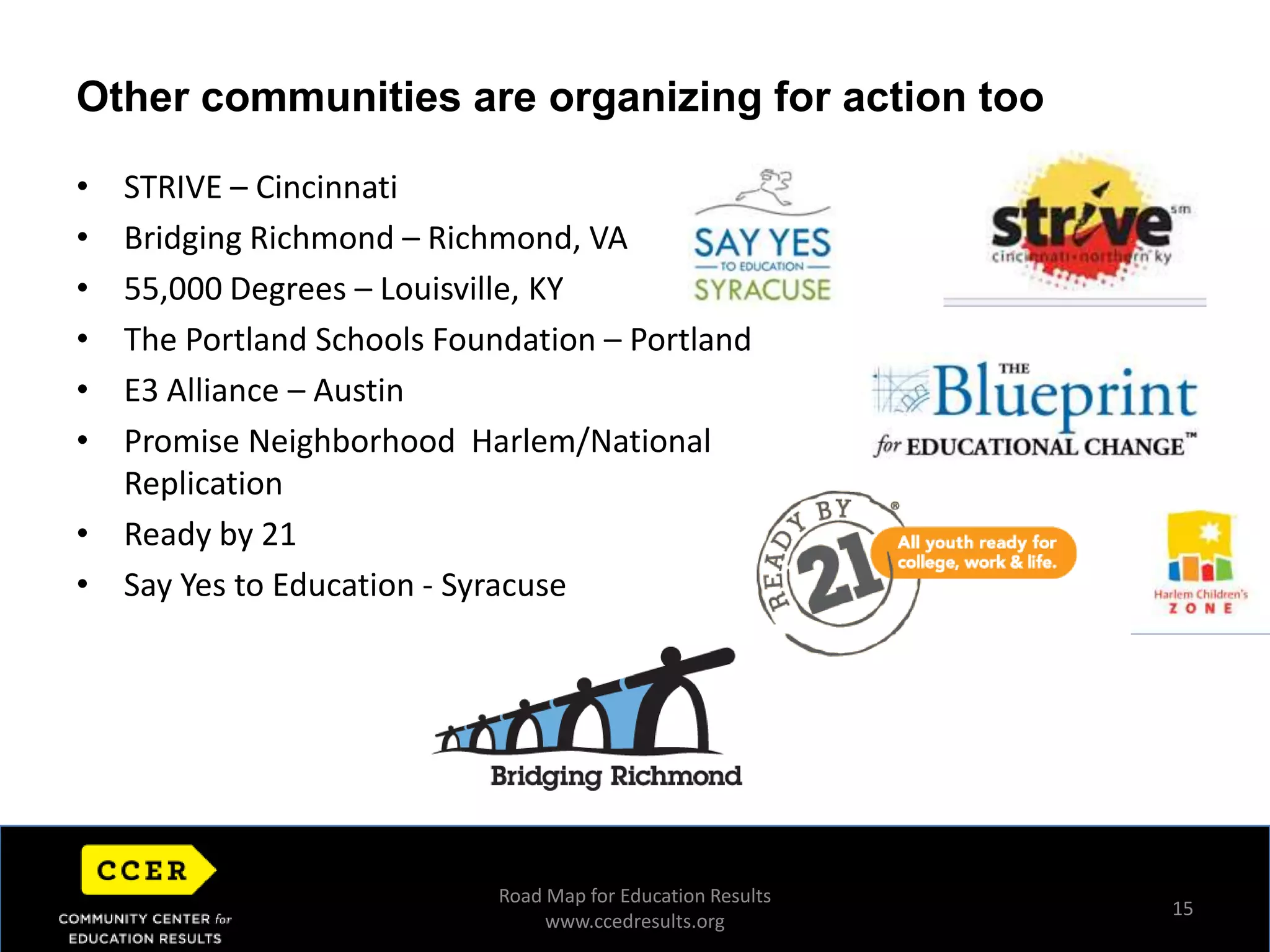 STRIVE – Cincinnati Bridging Richmond – Richmond, VA 55,000 Degrees – Louisville, KYThe Portland Schools Foundation – PortlandE3 Alliance – Austin Promise Neighborhood  Harlem/National ReplicationReady by 21Say Yes to Education - Syracuse15Other communities are organizing for action tooRoad Map for Education Resultswww.ccedresults.org