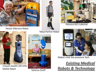 Existing Medical
Robots & TechnologyVasteras Giraff
iRobot’s AVA Tele-presence Tech.
Hector Eldercare Robot
Tokyo Partner ...