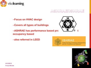–Focus on HVAC design
–Covers all types of buildings
–ASHRAE has performance based procedures and not
occupancy based
–also referred in LEED
4/13/2012
Prasad Modak
12
 