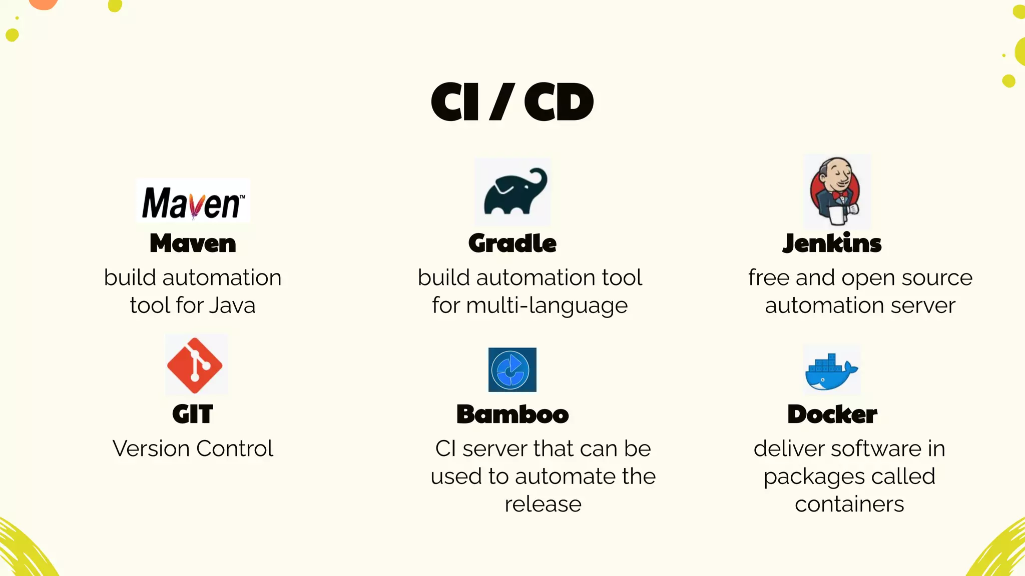 CI / CD
build automation
tool for Java
Maven
build automation tool
for multi-language
Gradle
free and open source
automation server
Jenkins
Version Control
GIT
CI server that can be
used to automate the
release
Bamboo
deliver software in
packages called
containers
Docker
 
